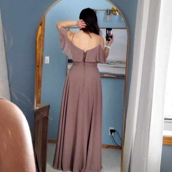 Mori Lee Chiffon Fawn Grad or Bridesmaids Dress Off the Shoulder Size 8 - Picture 2 of 12